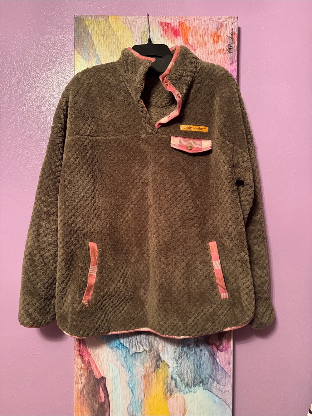 Simply Southern Olive Green Fleece Pullover with Pink Trim